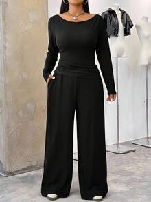 SHEIN EZwear 2pcs/Set Plus Size Women Textured Crew Neck Long Sleeve T-Shirt And Pants Set, Black