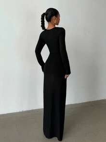 SHEIN 少女黑色针织开衩连衣裙，时尚百搭，适合日常穿着 - 黑色 - 查看 2