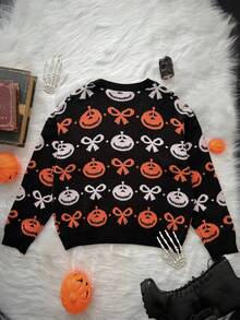 Whyspr Halloween Plus Size Women Pumpkin & Bow Jacquard Knitted Sweater, Cute Black And White Autumn Fashionable Versatile Round Neck Knits Sweatshirt - Multicolor - View 2