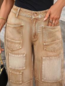 SHEIN LUNE بنطلون جينز ذو أرجل مستقيمة وجيوب متعددة - أصفر - مشاهدة 6
