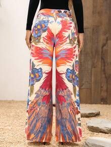 EMERY ROSE Women's High Waist Floral & Animal Print Wide Leg Jeans, Vacation Style - Multicolor - View 2