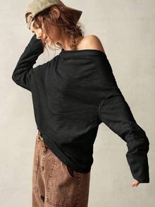 Bohemela Áo thun tay dài dáng rộng, dáng rộng, màu trơn, vai chéo cỡ lớn dành cho nữ - màu đen - Xem 8
