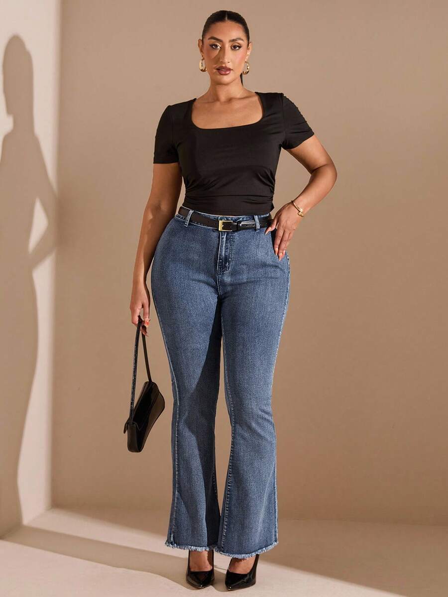 SHEIN BAE Quần Jeans Ống Loe Đơn Giản Cài Nút Phía Trước Cỡ Lớn, Mặc Thường Ngày - Rửa tối - Xem 1