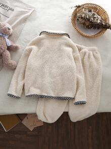 Genkimix Kids Back To School Fashion  Young Girl' Light Apricot Plush Checkered Trim Pocket Long Sleeve Cardigan And Matching Pants Set, Loungewear Girls Winter Set Fall