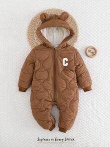 Cozy Pixies 男婴字母图案3D耳朵连帽抓绒长袖连体衣套装，百搭舒适，适合秋冬季穿着