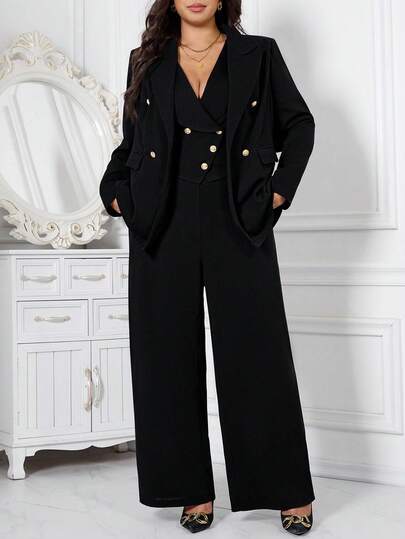 SHEIN Clasi Curvy Plus Size Women's Everyday Elegant Business Three-Piece Suit Set: Solid Color Lapel Long-Sleeve Jacket + Single-Breasted Vest And Trousers. Features Two Pockets, Lining, And High-Quality Suit Fabric,Fall Clothes For Women,Winter Clothes For Women,Fall Clothes Plus Size ,Winter Clothes,Autumn, Winter Outfit For Women,Night Out,Going Out Outfit , Old Money Style Women,Suitable For Multiple Occasions,Halloween, Homecoming,Christmas,Business Casual Woman,Teacher Clothing,Hoco Dressses, Date Night Outfits Women,Going Out , Civil,Party,2025 New,Chic Women's Set ,Women's Formal Wear ,Fashionable Work Wear ,Christmas,Casual Sets For Women,Thanksgiving Outfit For Women, Plus Size Women Clothes 2 Pieces, 2 Pieces Sets Woman Plus, Women Suit Set, Plus Size Pants Suit