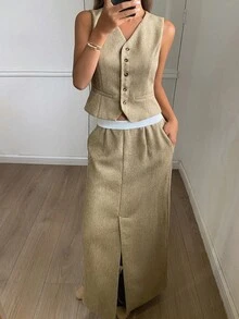 DAZY Conjunto de chaqueta de chaleco ajustada de cuello en V sin mangas y falda recta con abertura en el bajo, para otoño/invierno - Caqui - Ver 1