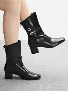 CUCCOO BIZCHIC Women's Pointed Toe Buckle Design Everyday Fashion Mid-Calf High Heel Boots