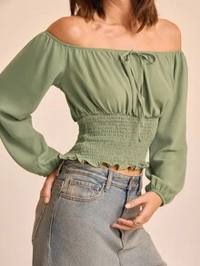 CAJUNI Top femme à une épaule, manches bouffantes et lanterne, épaules dénudées, en mousseline texturée. Élégant, décontracté, rétro, idéal pour les vacances