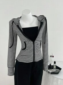 Elamini Women's Striped Long Sleeve Hooded Lightweight Jacket , Halloween Fall Winter Cloth For Women Y2k Club Baddie - Black - View 1