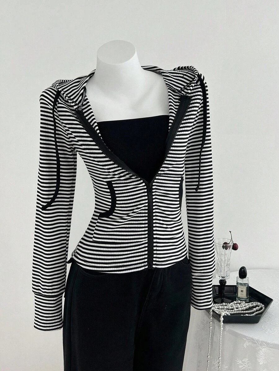 Elamini Women's Striped Long Sleeve Hooded Lightweight Jacket , Halloween Fall Winter Cloth For Women Y2k Club Baddie - Black - View 1