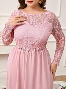 Ellevyn Blush Pink,Autumn,Elegant,Formal,Wedding Ninang Plus Size Lace-Trimmed A-Line Dress,High Low Hem Retro Party Gown For Women's Clothing - Pink - View 5