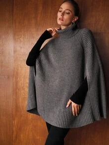 MOTF PREMIUM 纯色高领插肩蝙蝠袖斗篷毛衣 - 深灰色 - 查看 6