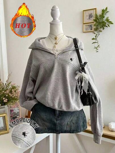 SHEIN Plus Size Women's Casual Zip-Up Drop Shoulder Sweatshirt With Knight Print, Autumn Winter Fall