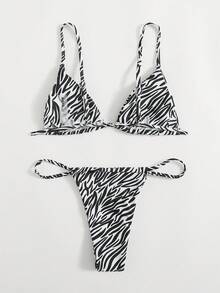 Swim Basics Summer Beach Zebra Striped Pattern Thong Bikini Set - Black and White - View 2