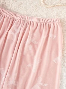 Genkimix Kids 2pcs/Set Cute Velvet Bow & Floral Print Long Sleeve Cardigan And Pants, Comfortable Casual Loungewear For Girls Girls Pink Pajama Set Fall Winter - Pink - View 6