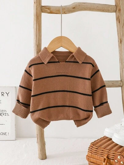 SHEIN Baby Boy/Girl Casual Versatile Colorful Striped Collared Half-Zip Pullover Sweater Fall Winter