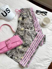 Comfortcana 女士休闲迷彩树枝印花撞色裤，侧条纹松紧腰宽松运动裤，适合女士夏季，休闲百搭，适合日常街头穿着，工装裤 - 彩色 - 查看 5