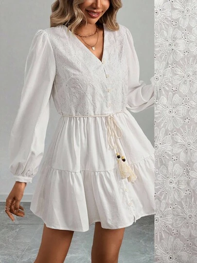 INAWLY 女士休闲刺绣腰带优雅连衣裙