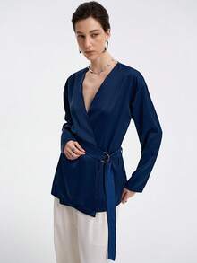 Aalyst Áo khoác cardigan dài tay cổ chữ V cao cấp, thời trang thanh lịch, phong cách retro, quyến rũ, giản dị, có thắt lưng, khóa eo, chất liệu satin trơn - Màu xanh hải quân - Xem 3