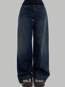 DAZY 女款复古高腰喇叭牛仔裤，设计感十足的高腰修身垂坠长裤 - 藏蓝色 - 查看 2