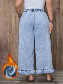 EMERY ROSE Plus Size Denim Vacation Style Frill Trim Wide Leg Pants - Light Wash - View 2