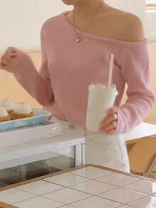 DAZY 女士宽松不对称领口针织毛衣，长袖，秋冬新品