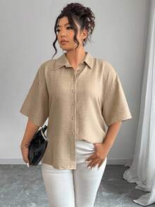 Elenzga Plus Size Women Solid Color Drop Shoulder Loose Fit Shirt With Back Slit Neckline Design - Khaki - View 2