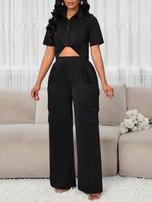 SHEIN Lady Women's Summer Fashion Solid Color Shirt & Cargo Pants 2 Pieces Set - Black - View 5