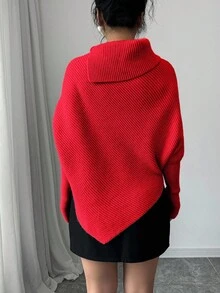Elenzga 女士经典不对称蝙蝠翼纯色高领毛衣，时尚百搭，适合秋冬季节度假穿着 - 紅色 - 查看 2