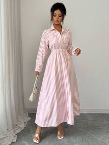 Elenzga Women's Casual Striped Self-Tie Waist Button Front Shirt Dress, Autumn Maxi Women Outfit