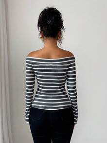 Elenzga 25-30+ 罗纹露肩长袖优雅女士T恤，休闲秋季 - 黑色 - 查看 2