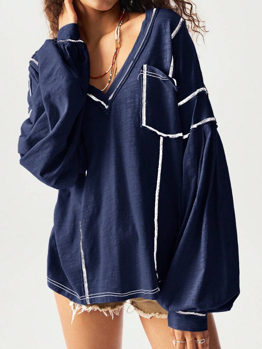 Bohemela 大码女式休闲时尚街头 V 领撞色针脚拼布口袋宽松 T 恤，春/秋 - 藍色 - 查看 1