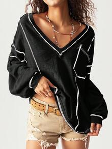 Bohemela 大码豹纹V领休闲长袖T恤