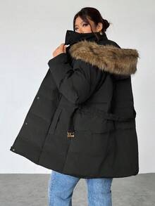 Firerie Plus Size Casual Hooded Fluffy Brown Contrast Color Beanie Hat, Black Cinched Waist Metal Buckle Belt Long Sleeve Thick Padded Coat For Hiking & Skiing, Autumn/Winter Plus Size Winter Coat Plus Size Jackets Plus Size Winter Clothes Women Plus Size Coats Winter Outerwear Women Coats For Women Plus - Black - View 2