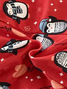 2pcs Baby Girls' Christmas Penguin & Star Heart Print Cozy Casual Crew Neck Long Sleeve Top And Leggings Pajama Set, Autumn/Winter - Red - View 5