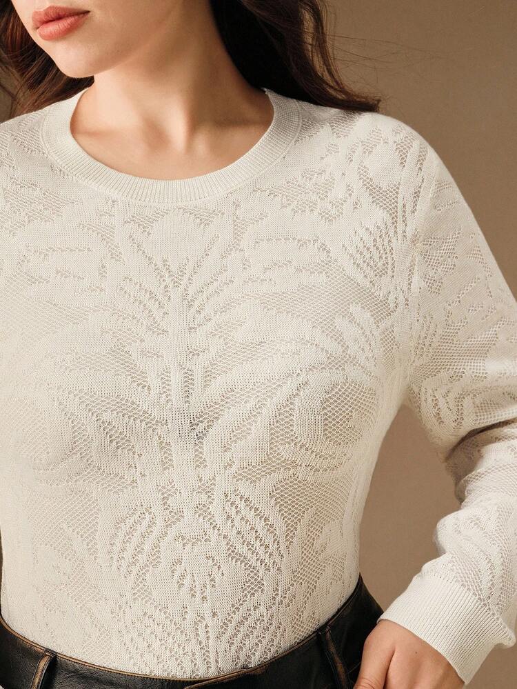 Plus Size Women's Elegant Romantic Vintage Asymmetrical Sheer Jacquard Knit T-Shirt Blouse, Christmas Sweater New Year Clothes