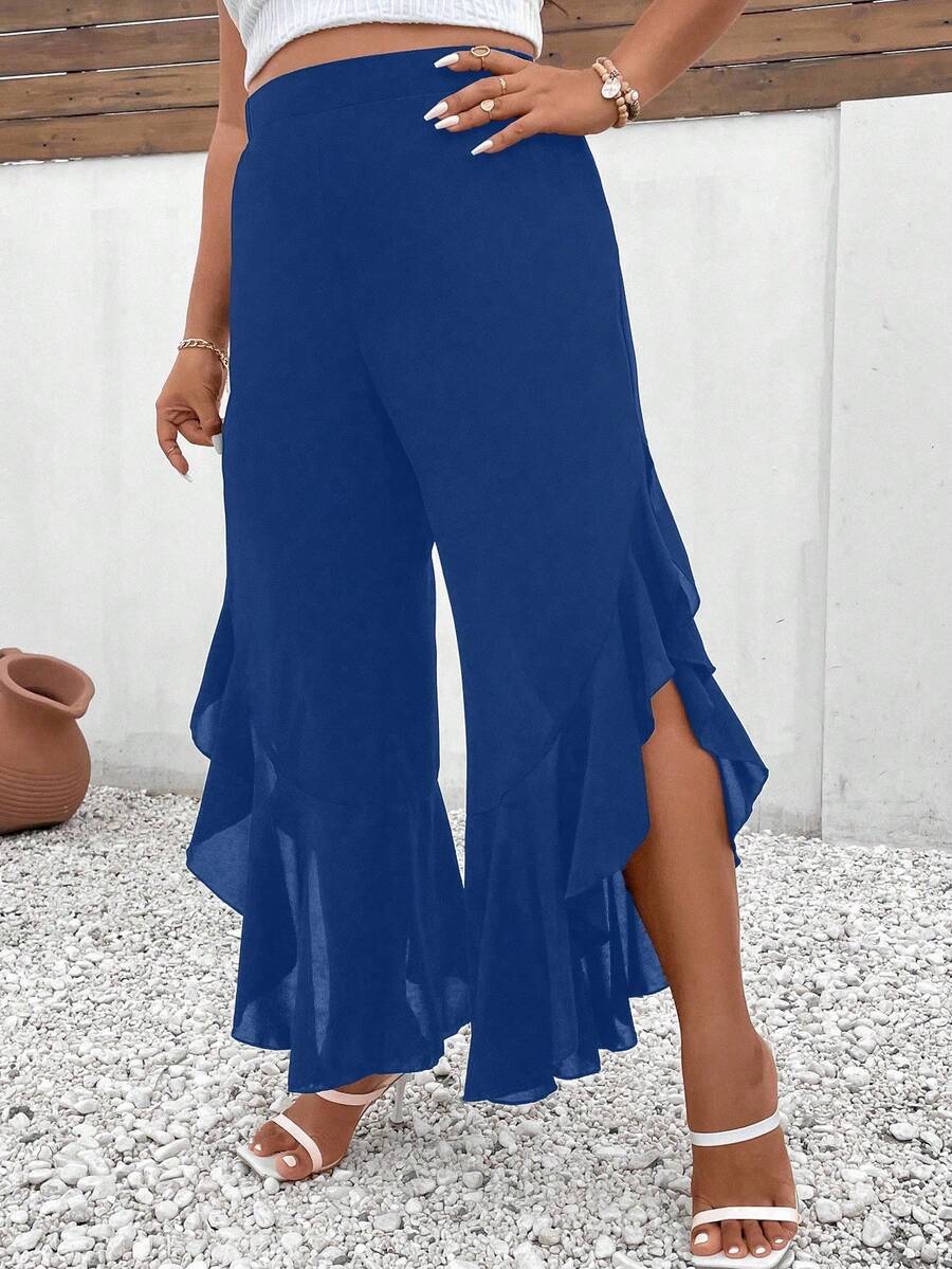 Elenzga Celana Panjang Fashion Elegan Ukuran Plus Warna Polos dengan Hem Berumbai dan Belahan Samping - Teal Blue - View 1