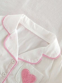 女婴舒适纯棉长袖开衫上衣，带心形刺绣口袋和裤子家居服套装，可爱时尚，春秋季女婴睡衣，9个月-3岁，白色粉色睡衣，秋冬季
