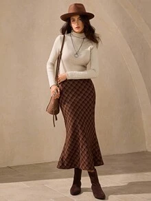 Wildy Vintage Plaid Brown Long Skirt, Casual American Country Western Ranch Style Brown Skirts For Women Plaid Skirt Brown Checkered Skirt Long Brown Skirt Checkered Skirt - Brown - View 4