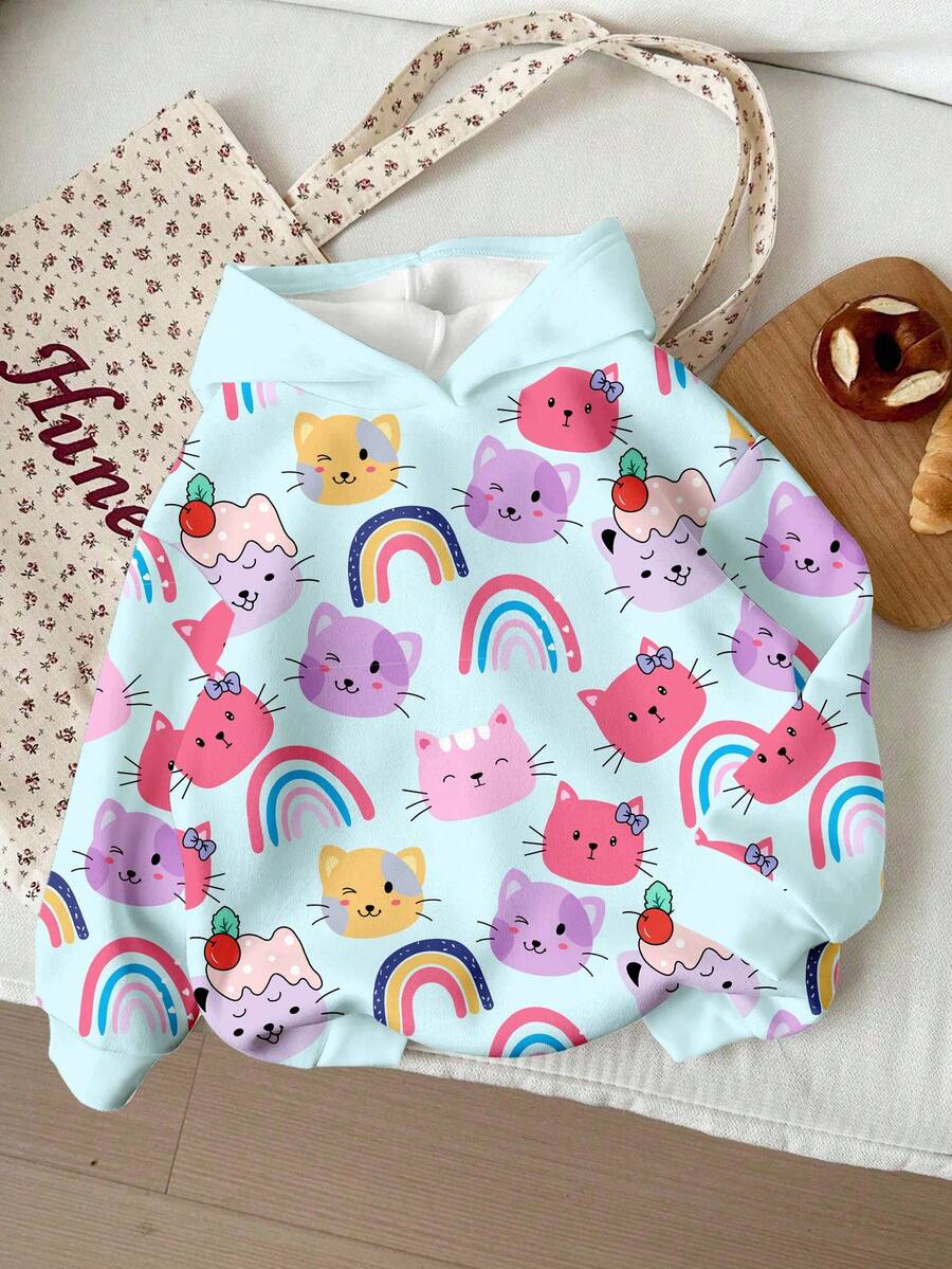 SHEIN Happikins Kitty, Cartoon, Blue And Pink, Rainbow, Young Girls Casual Loose Fit Comfortable Hooded Long Sleeve Knit Sweatshirt, Suitable For Autumn/Winter Cute Sweatshirt Cute Tops Girls Cat Clothes Cute Hoodies Girls Cartoon Jackets Fall - Multicolor - View 1
