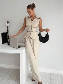 Siren Gaze Women's Summer Casual/Office Contrast Piping Sleeveless Fitted Vest And Loose Straight Leg Suit Pants Set In Fall/Winter Elegant - Apricot - View 1