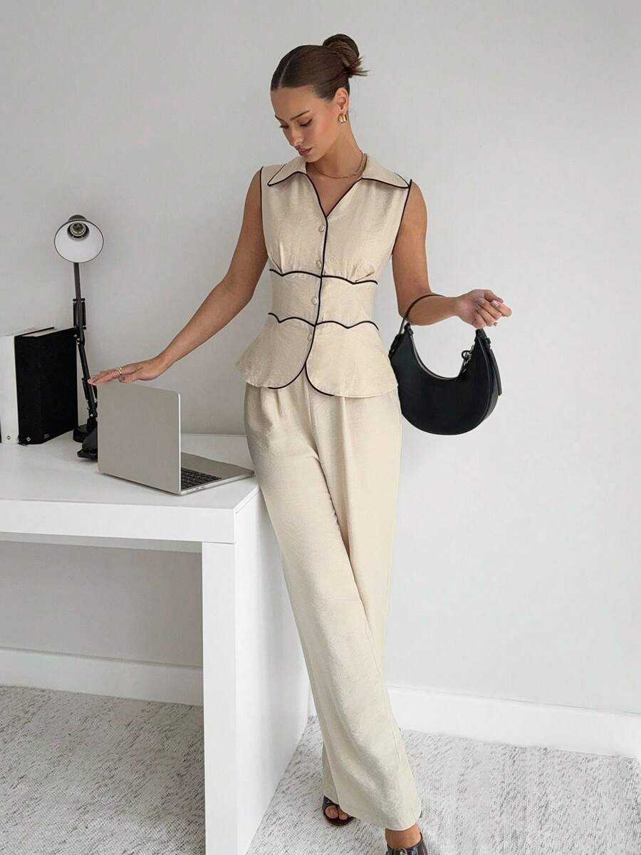Siren Gaze Women's Summer Casual/Office Contrast Piping Sleeveless Fitted Vest And Loose Straight Leg Suit Pants Set In Fall/Winter Elegant - Apricot - View 1