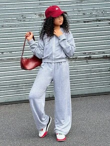 SHEIN Explorewe 2pcs/Set Pakaian Anak Perempuan Remaja Modis: Hoodie Berresleting dan Celana Pinggang Elastis, Musim Gugur - Light Grey - View 5