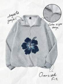 SHEIN Attitoon 女士宽松半拉链芙蓉花印花别致高领羊毛衫，适合秋冬季街头、外出和机场穿着 - 灰色 - 查看 8