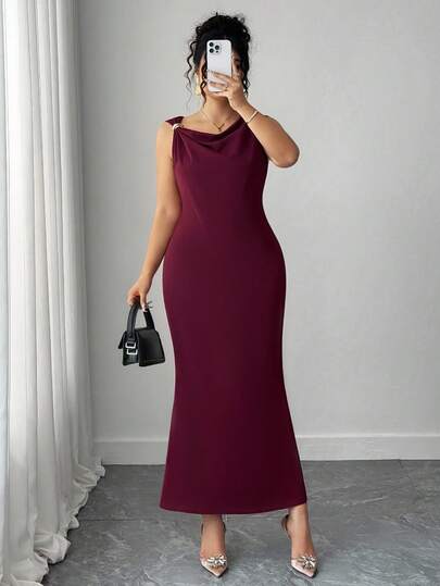 Elenzga 大码女式优雅酒红色无袖缎面哑光金属扣合身编织性感连衣裙，适合约会