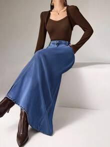 Heiryn 女士休闲宽松长款蓝色牛仔裙、波多黎各、办公室女性、情人节女性、90 年代、春季女性、牛仔裙、女士牛仔裙、女牛仔、文艺复兴裙、工作裙 - 深色水洗藍 - 查看 5