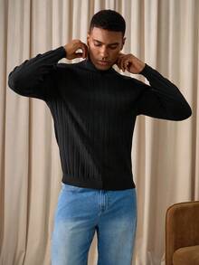 Manfinity Homme Men's Solid Color Turtleneck Long Sleeve Pullover Black Sweater, Versatile For Autumn - Black - View 3