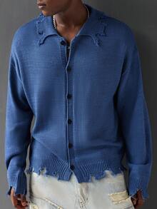 Claim Dot Men's Casual Versatile Solid Color Distressed Cardigan Men Blue Cardigan - Dusty Blue - View 4