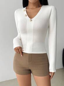 Celisse White Sexy V-Neck Knit Sweater Top For Women, Elegant Style, New Autumn/Winter Design Fall Cloth For Women